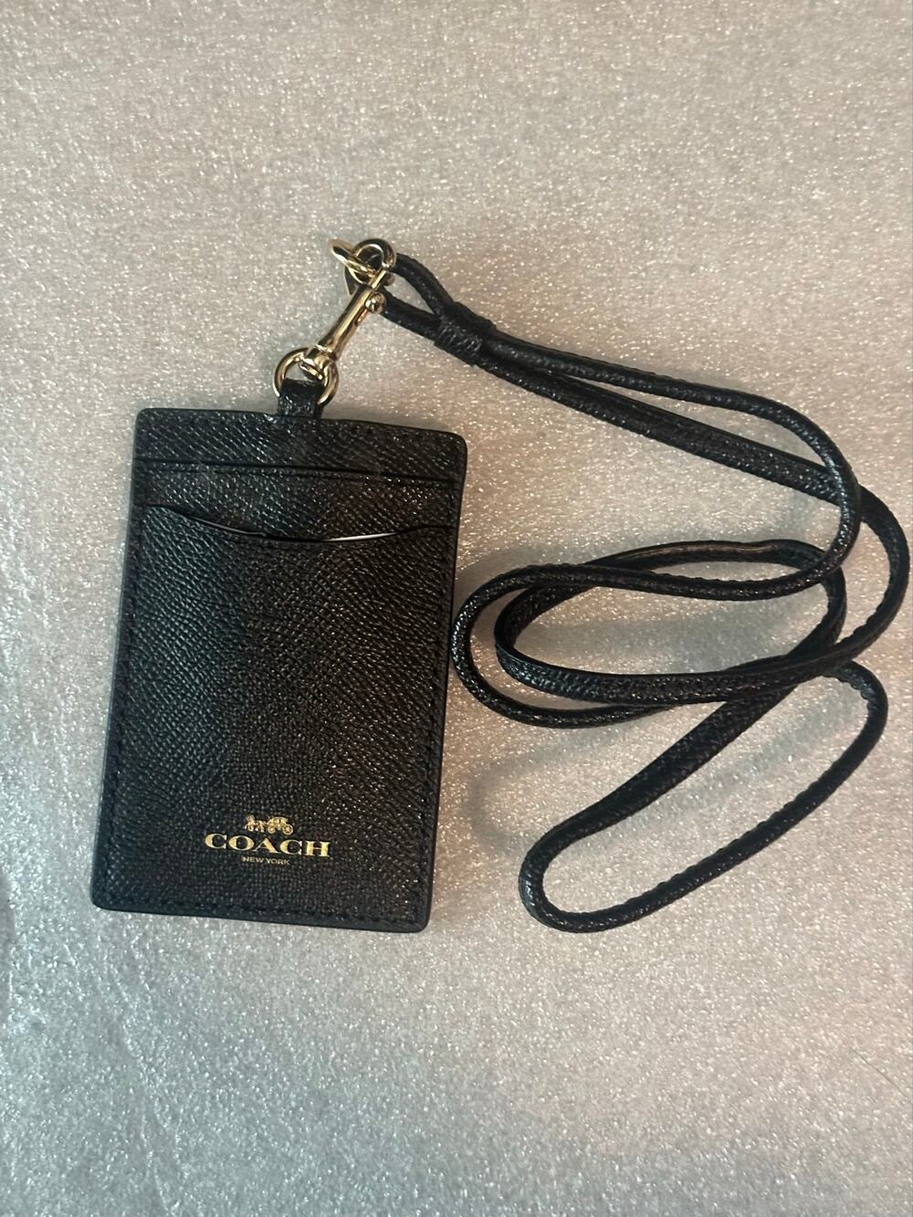 Coach Crossgrain Leather Lanyard ID Badge Holder Black Gold F57311